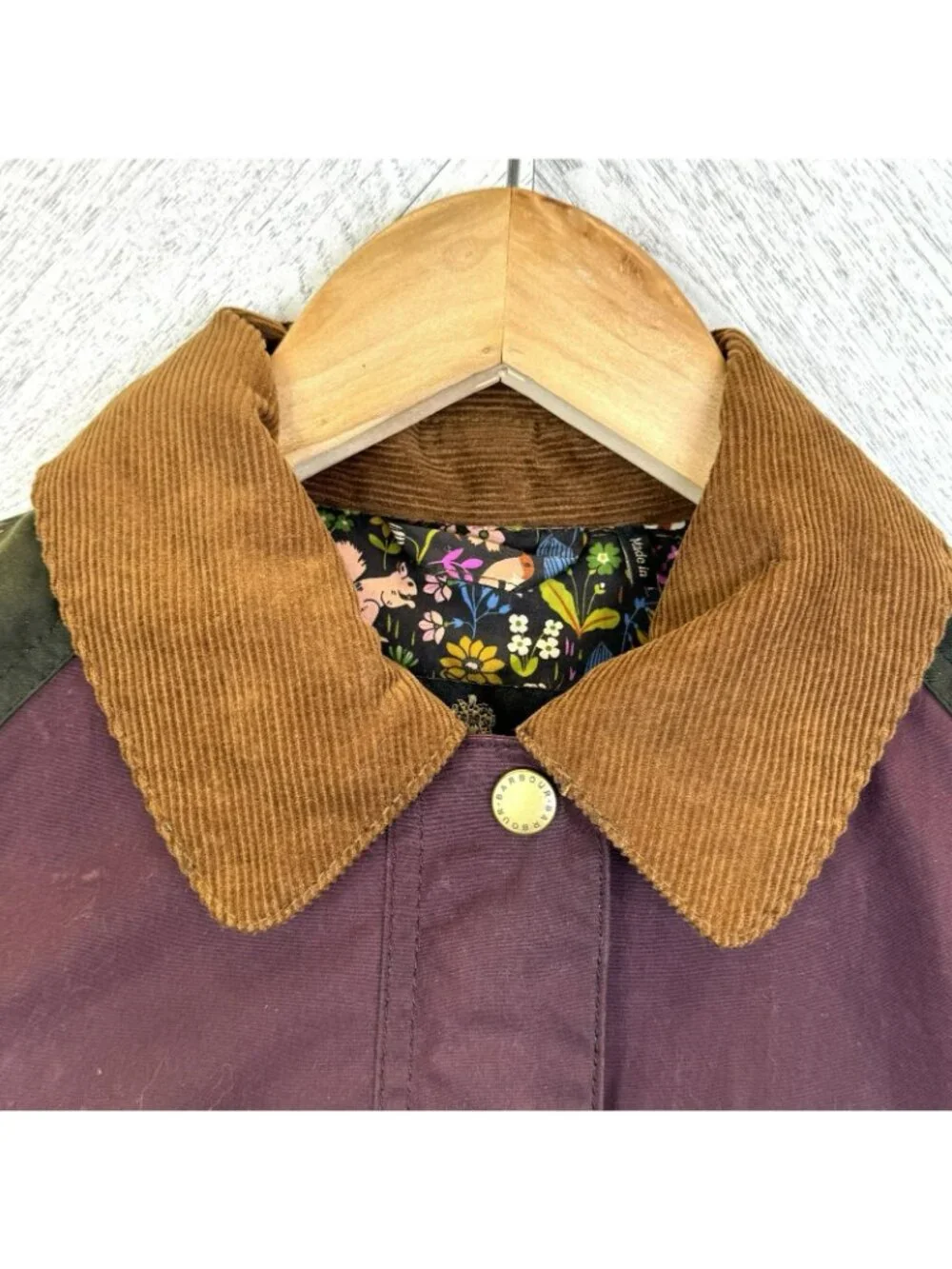 Barbour Kids XL 12/13 Beadnell Wax Jacket Colorblock Floral Woodland Lining - Picture 4 of 11